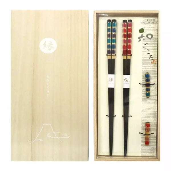 Aoba Glass Bead Design Chopsticks With Rests Blue & Red Gift Box