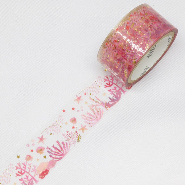 Kamiiso Saien Washi Tape Pink Coral Pattern With Gold Clear Tape 20mm