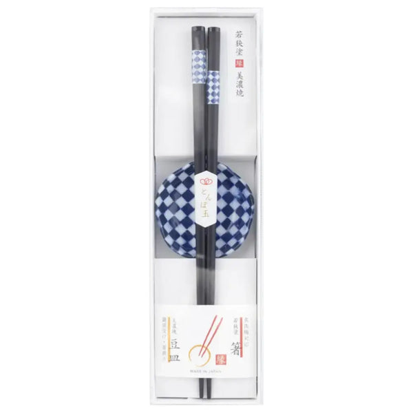 Wakasa Laquered Chopsticks With Mino Ware Small Dish Checkered Blue 23cm