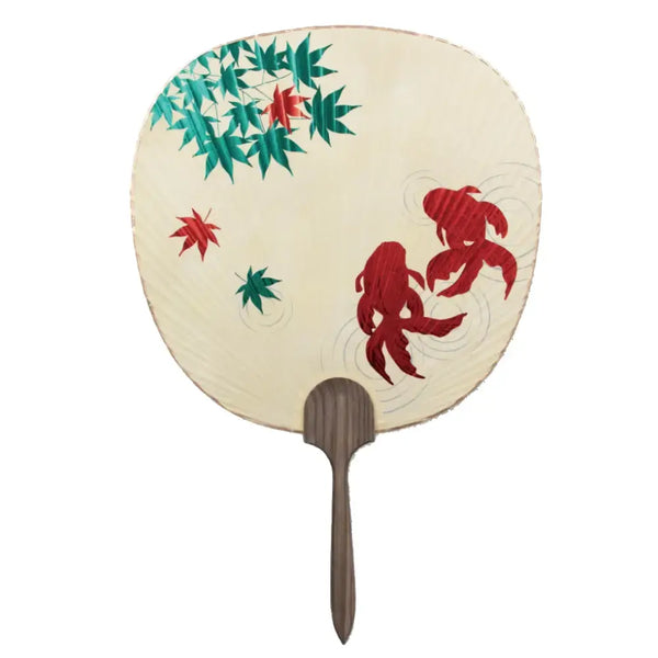 Uchiwa Non-Folding Paper Fan Foil Stamped Maple & Goldfish