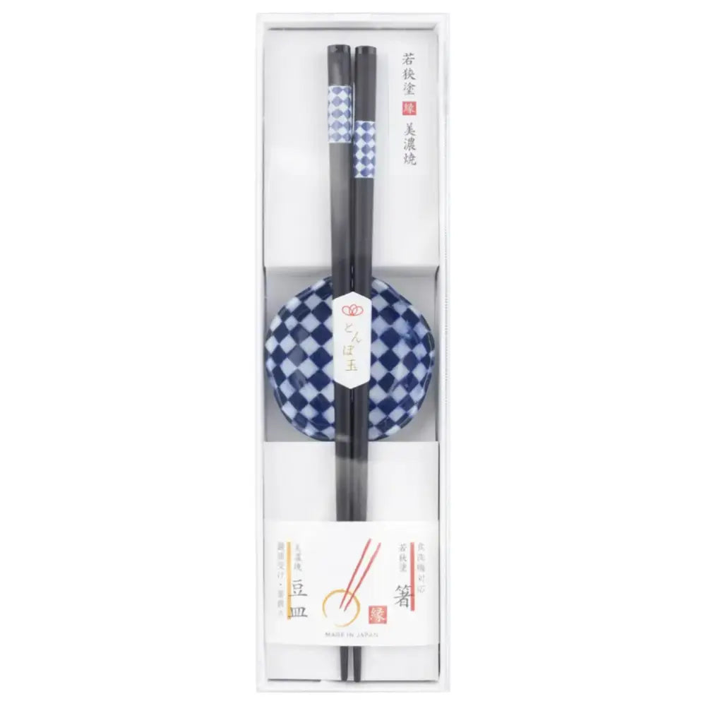 Wakasa Laquered Chopsticks With Mino Ware Small Dish Checkered Blue 23cm